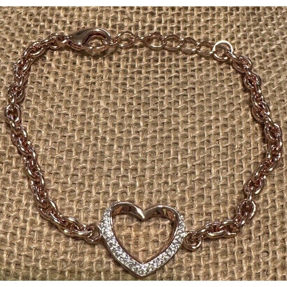 Rose Gold Tone Pink Rhinestone Encrusted Heart Chain Bracelet
